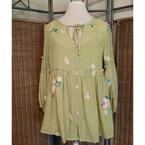 Figueroa & Flower Blouse Size M Blouse Green Floral Embroidered Gauzy Bohemian